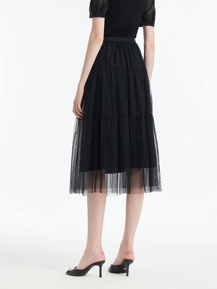 Sequins Tulle Tiered Women Half Skirt