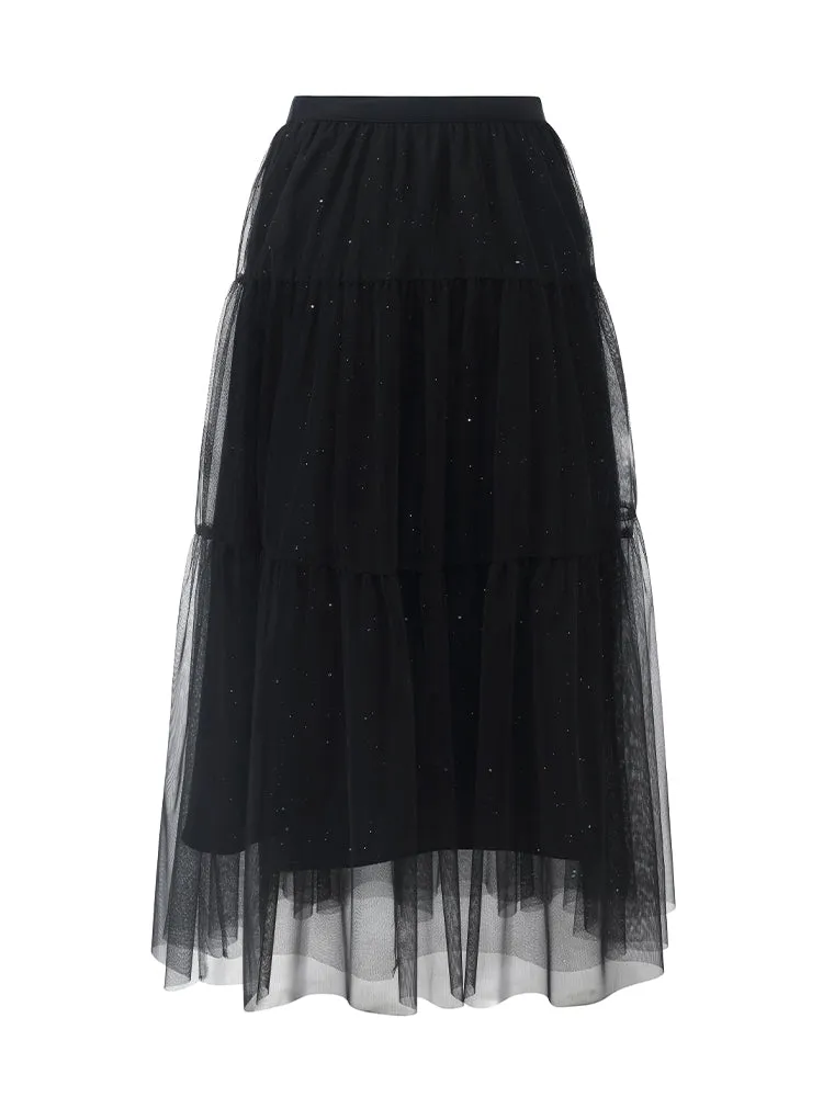 Sequins Tulle Tiered Women Half Skirt