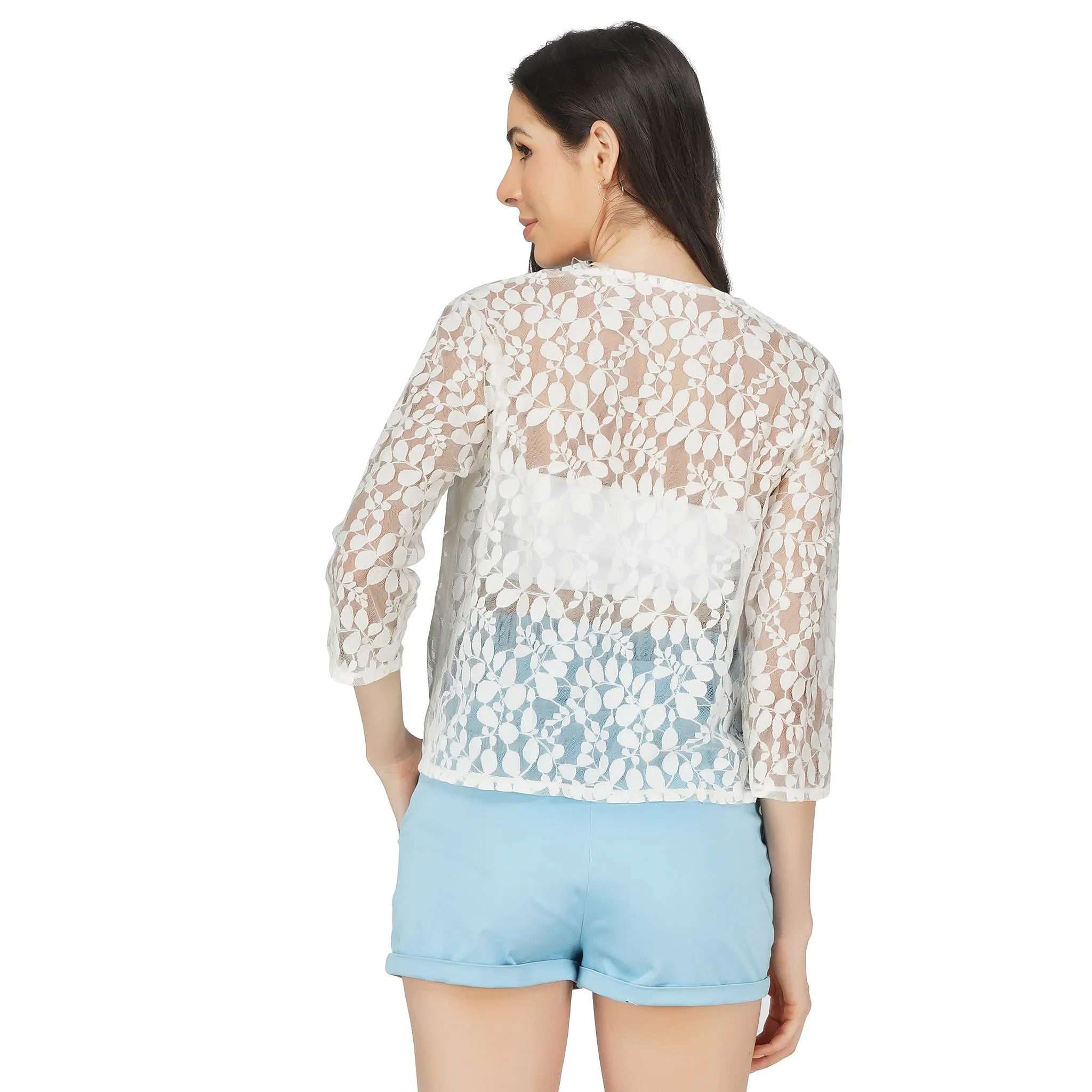 SLAY. Women's White Floral Texture Schiffli Pullover