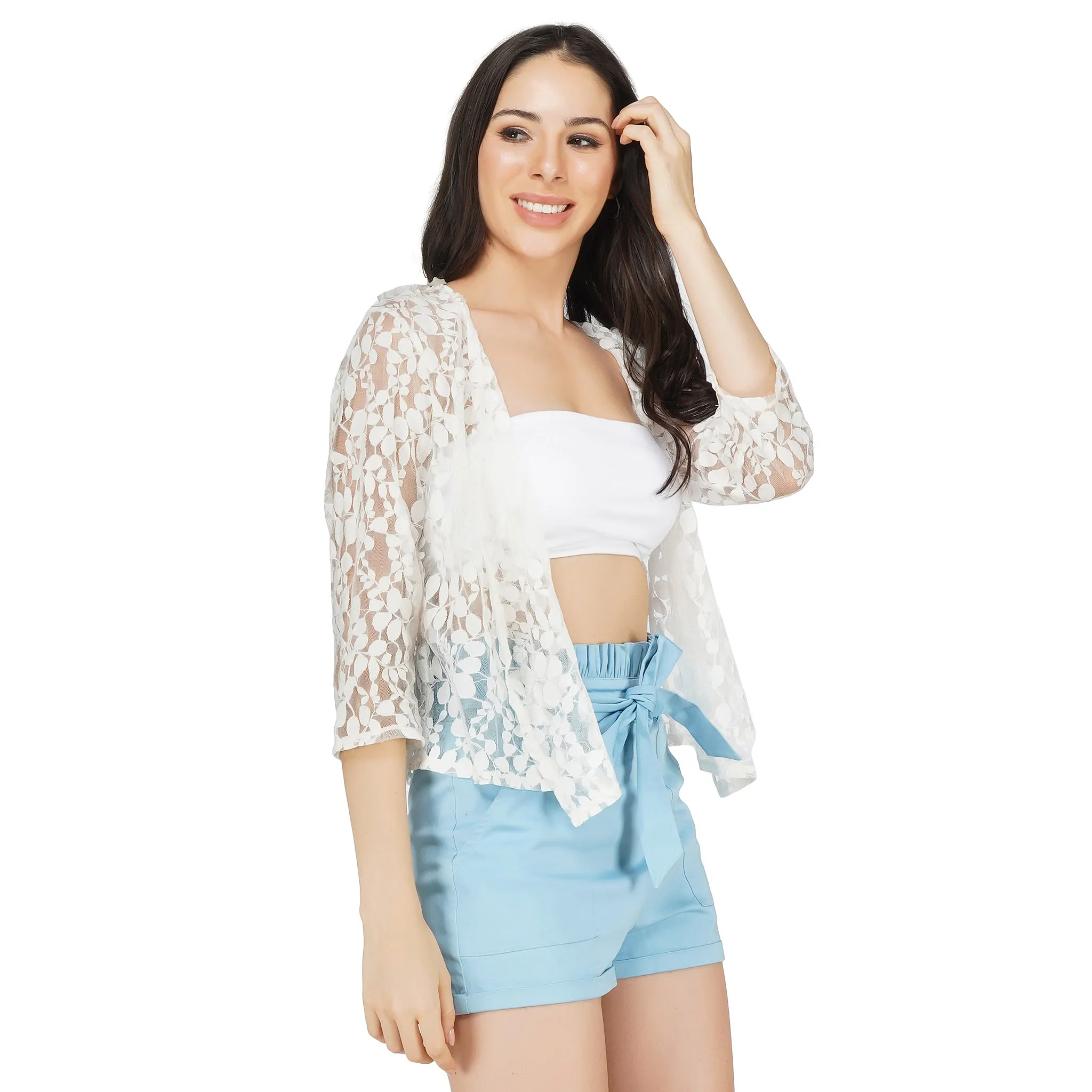 SLAY. Women's White Floral Texture Schiffli Pullover