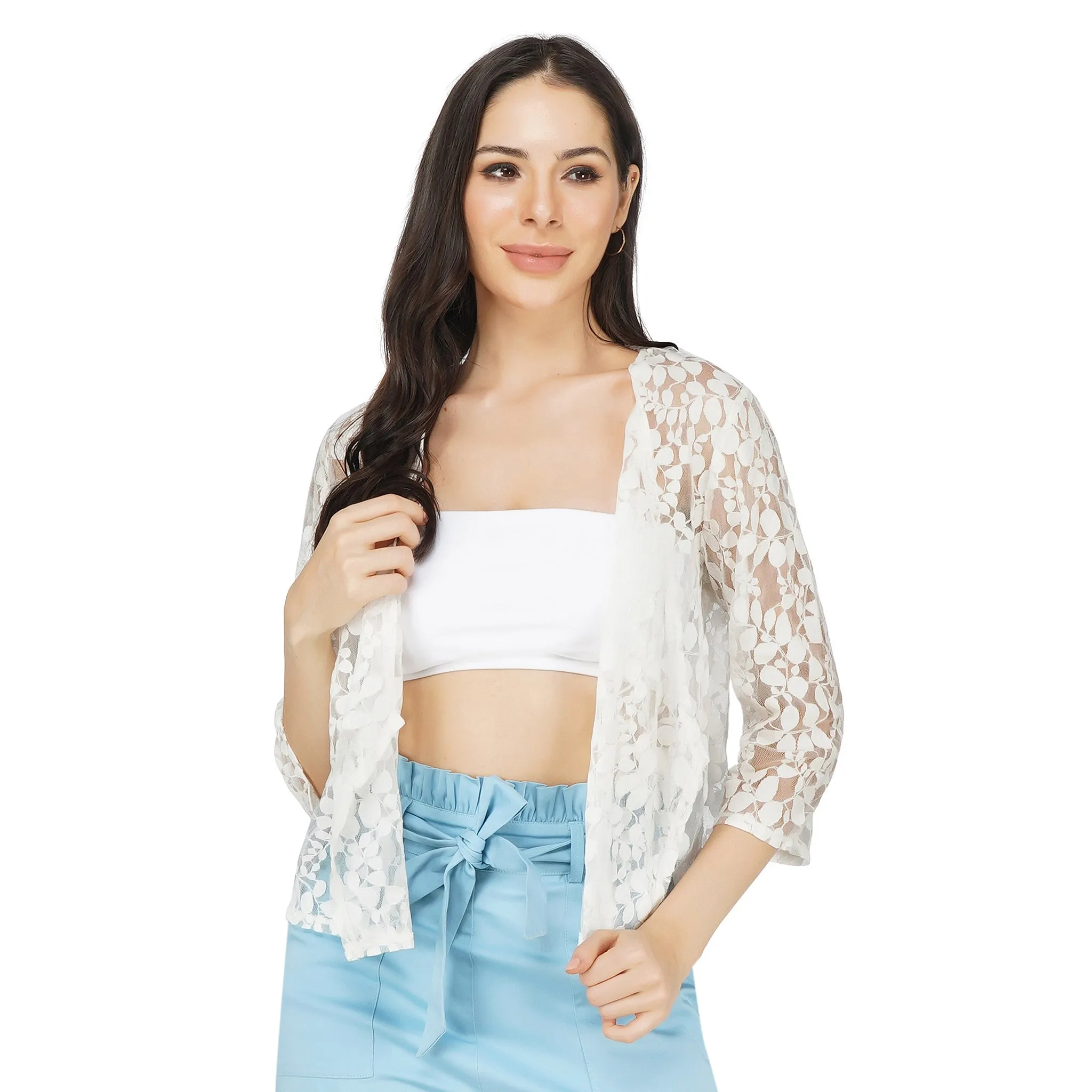 SLAY. Women's White Floral Texture Schiffli Pullover