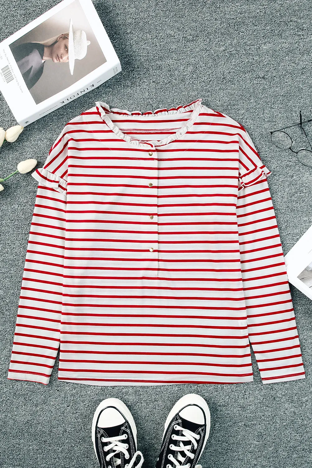 Stripe Ruffle Long Sleeve Top