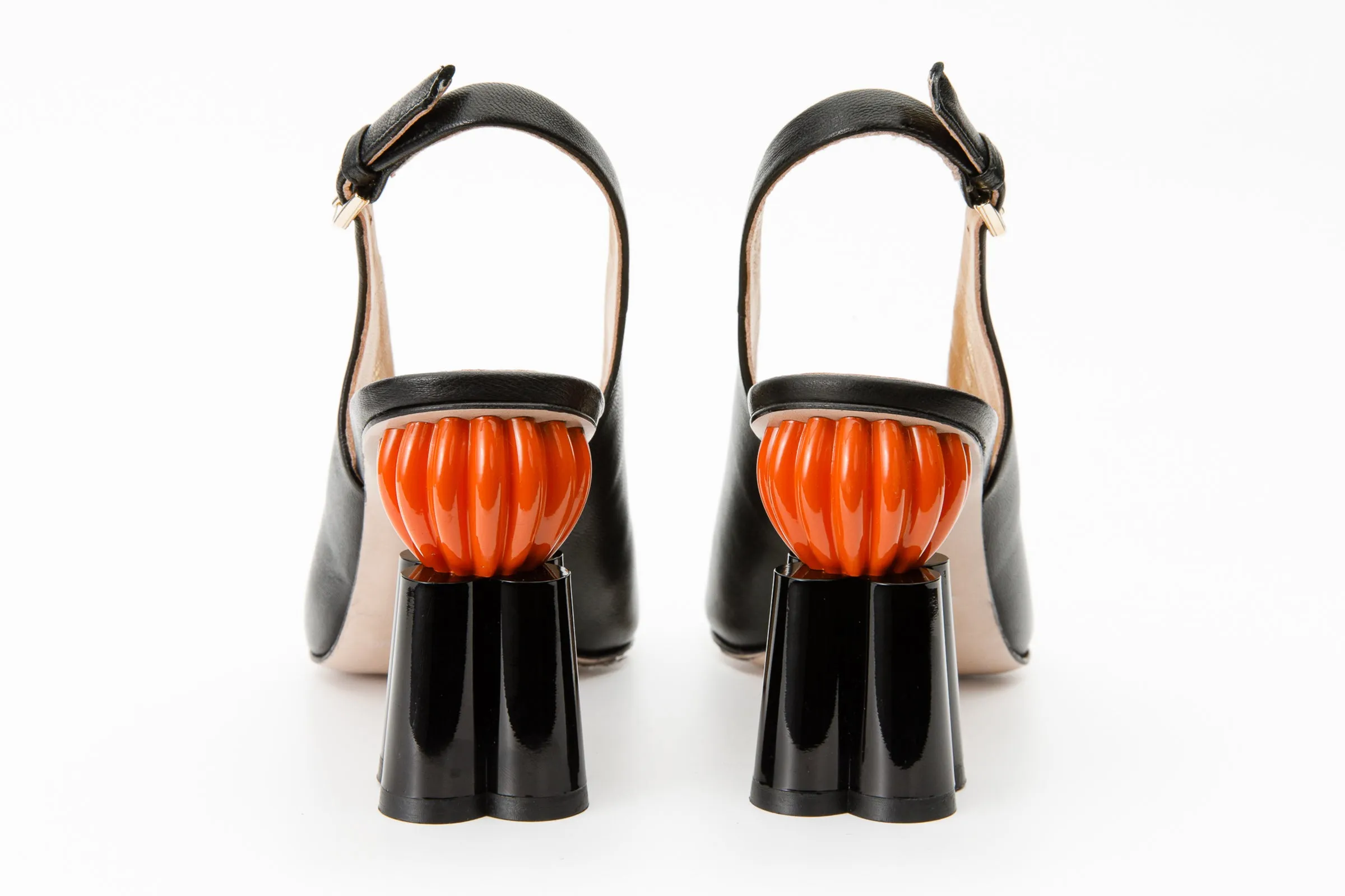 The Cimla Pumpkin Heel Black Leather Women Sandal