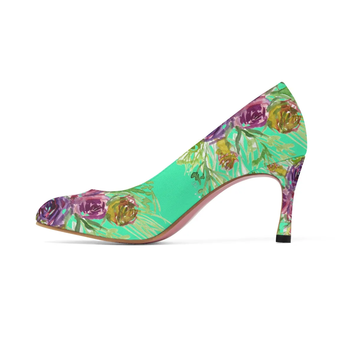 Turquoise Blue Rose Floral Print Women's 3" Bridal High Heels Pumps Shoes