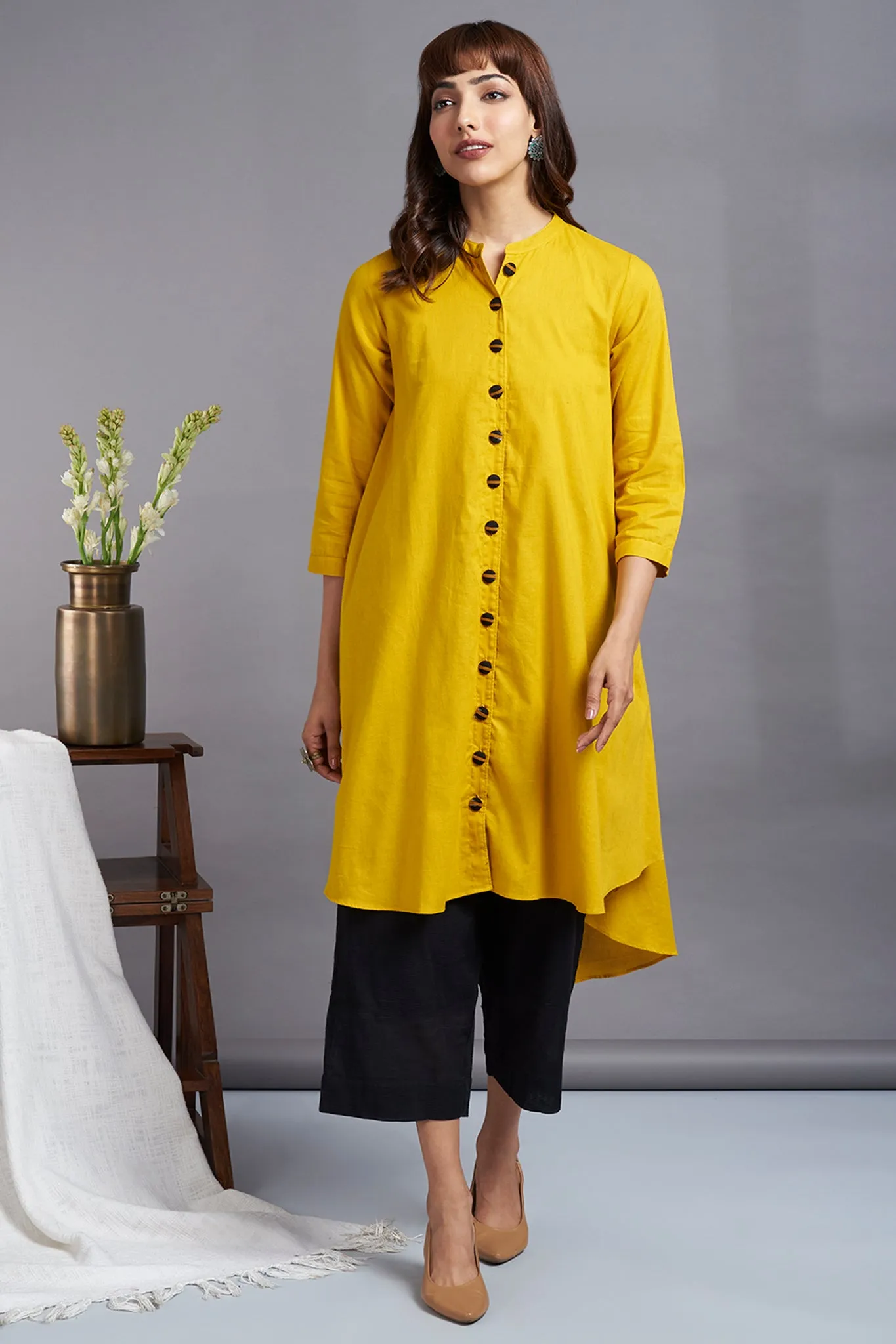 tuscany yellow - linen asymmetrical hemline button down tunic