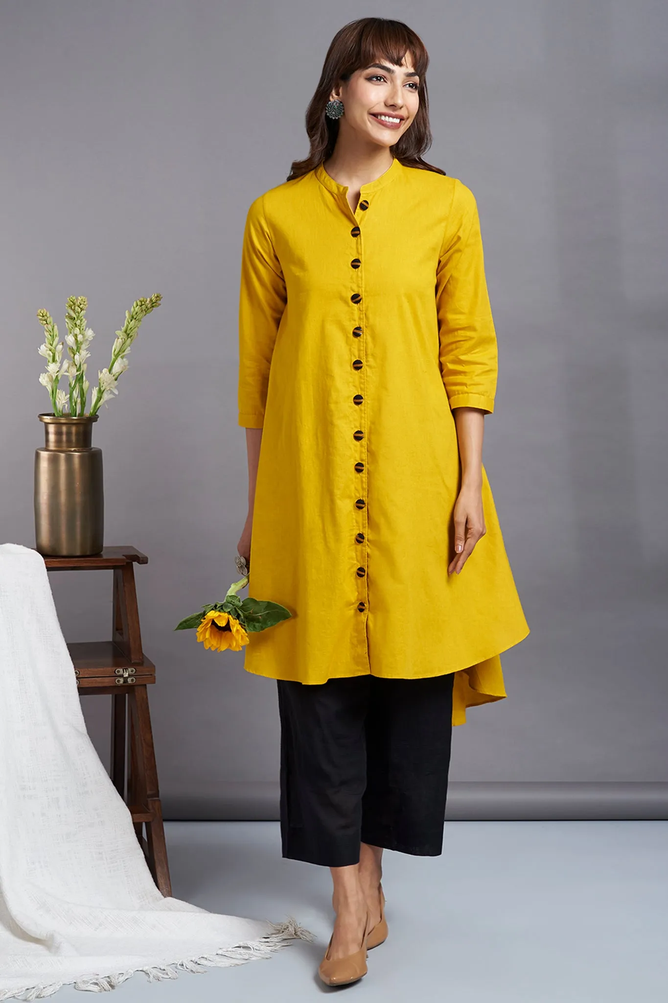 tuscany yellow - linen asymmetrical hemline button down tunic