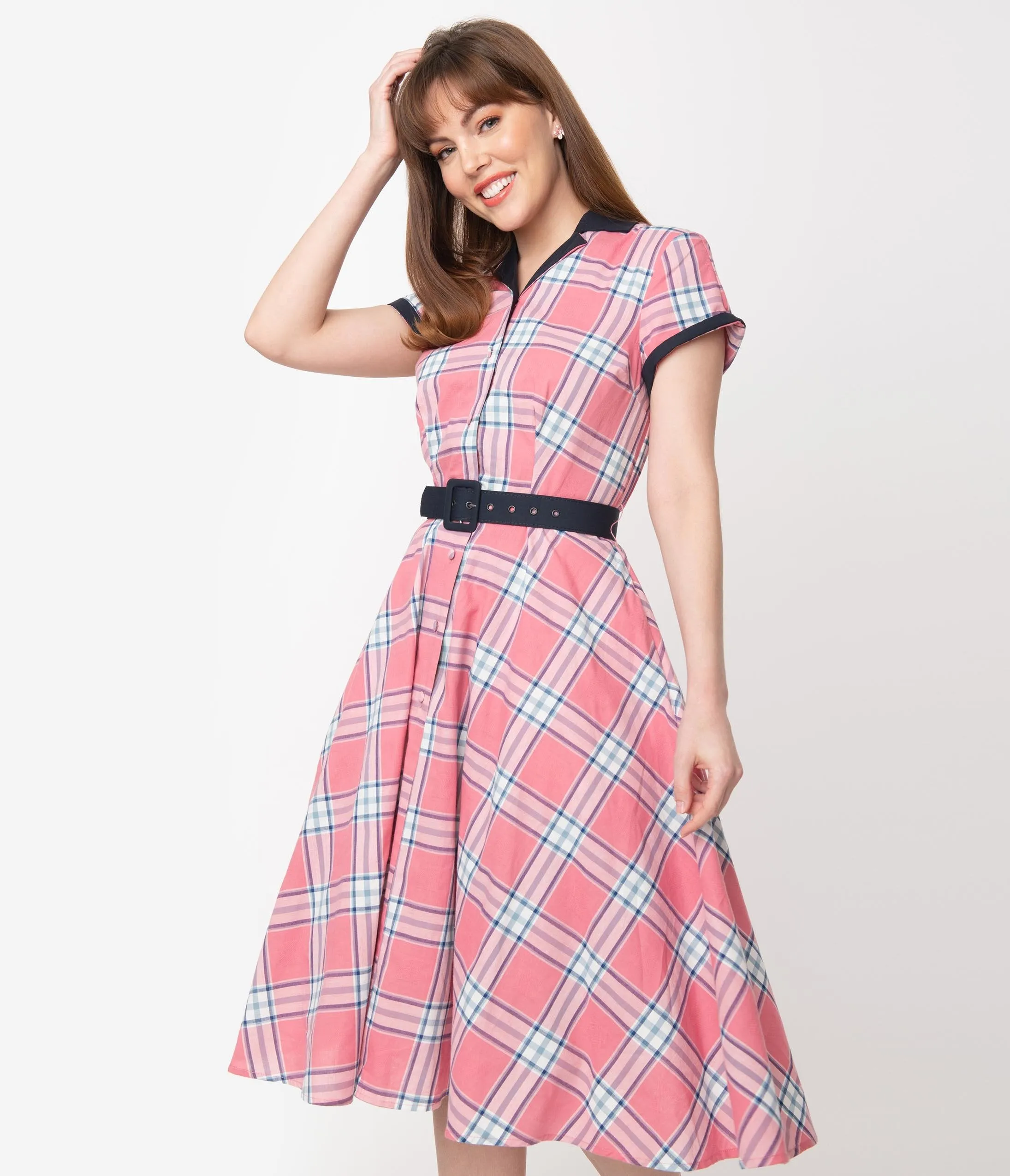 Unique Vintage 1950s Style Light Pink Plaid Alexis Swing Dress