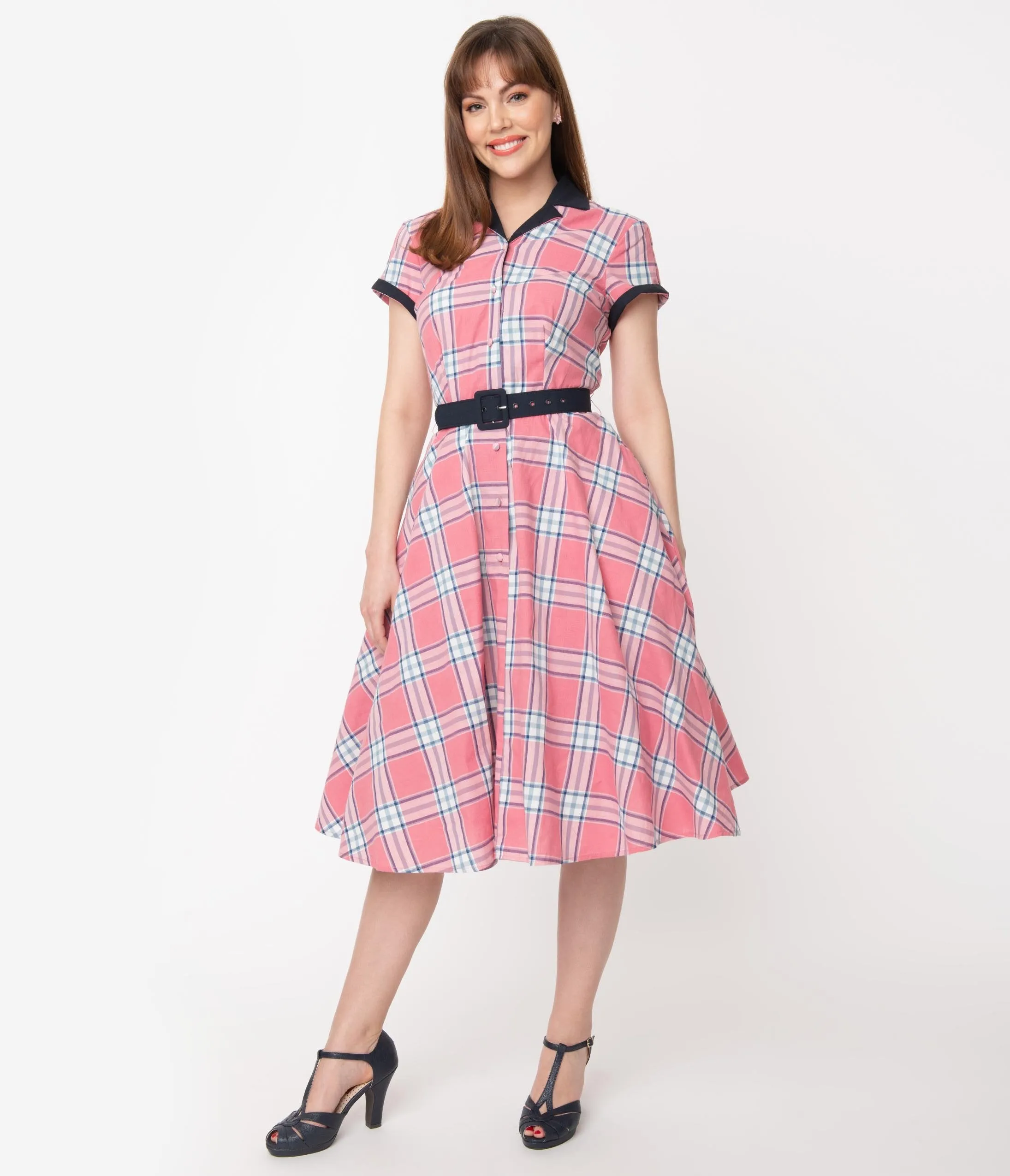 Unique Vintage 1950s Style Light Pink Plaid Alexis Swing Dress