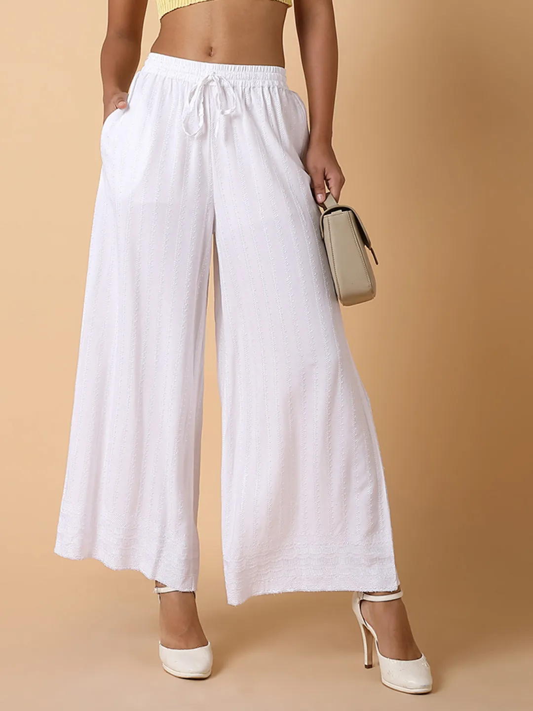 Women White Solid Loose Fit Trouser