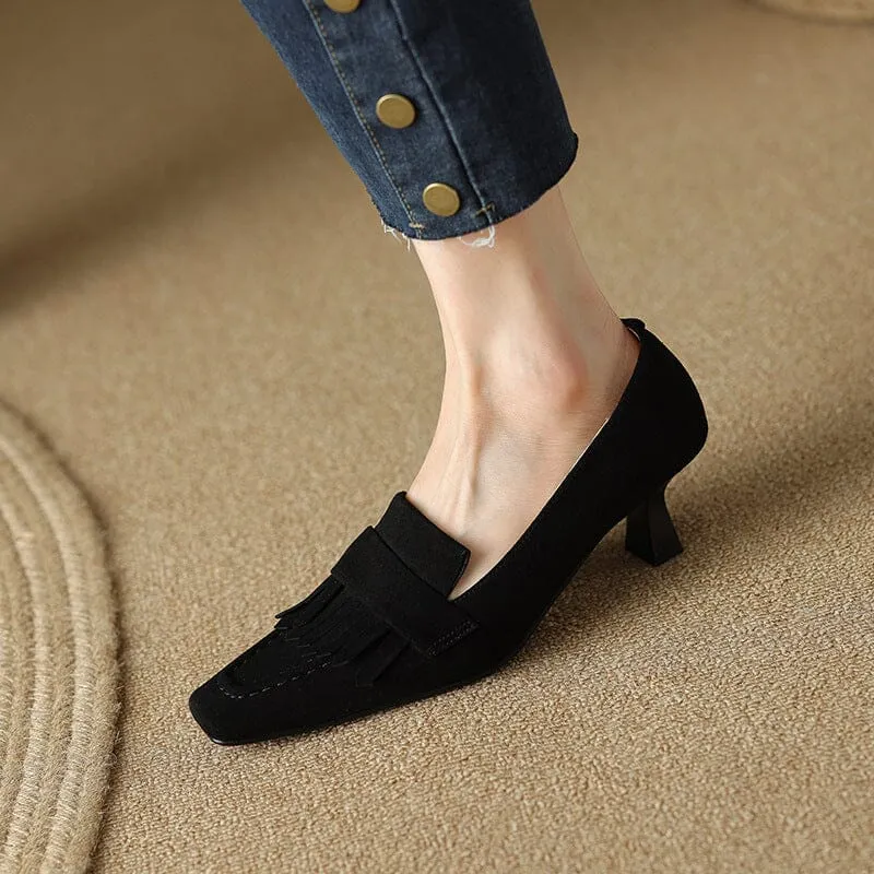 Womens Handmade Leather Square Toe Kitty Heel Slip On Pumps Tassels Details in Brown/Khaki/Black