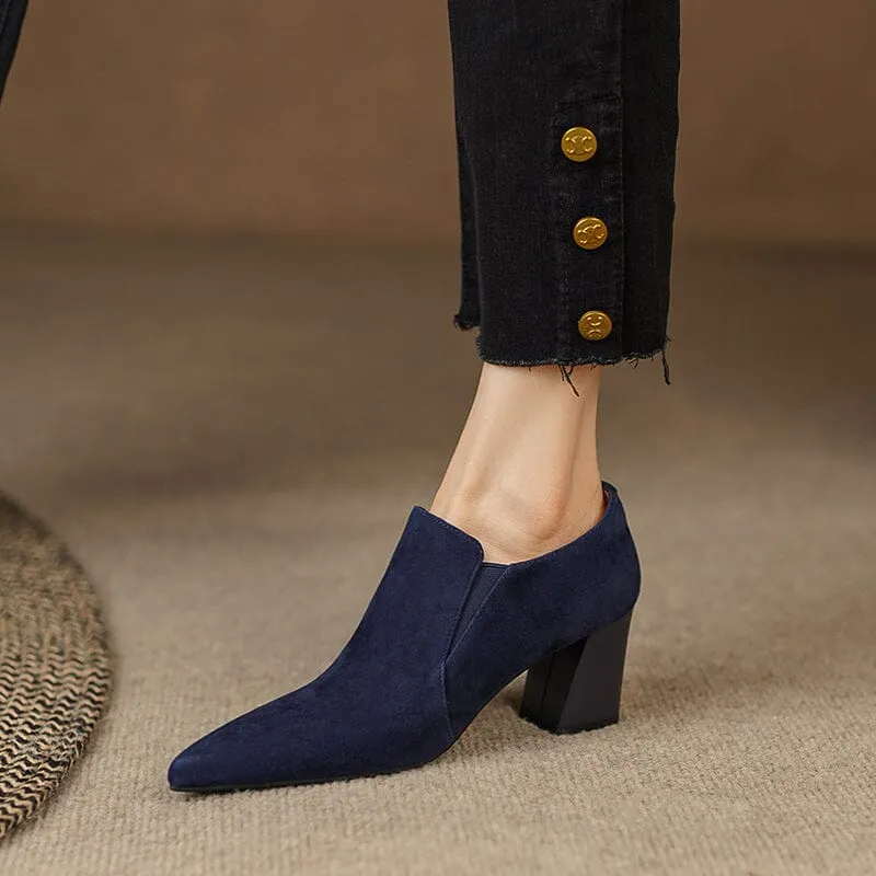 Womens Handmade Suede Leather Retro Point Toe Block Heel Pumps in Blue/Apricot