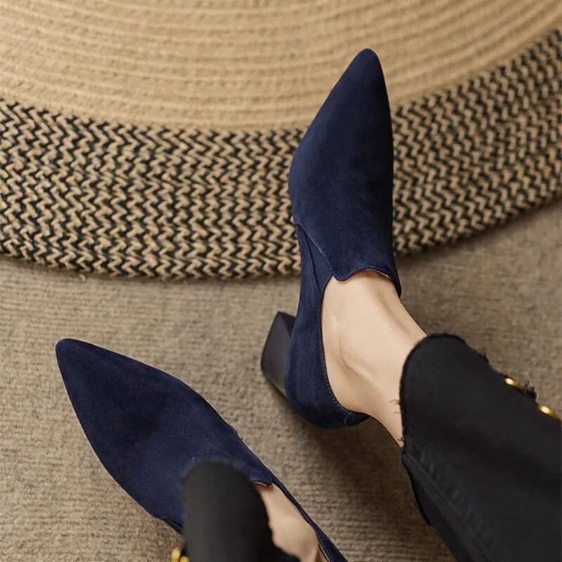 Womens Handmade Suede Leather Retro Point Toe Block Heel Pumps in Blue/Apricot