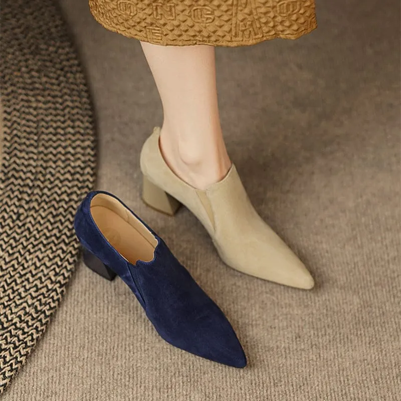 Womens Handmade Suede Leather Retro Point Toe Block Heel Pumps in Blue/Apricot