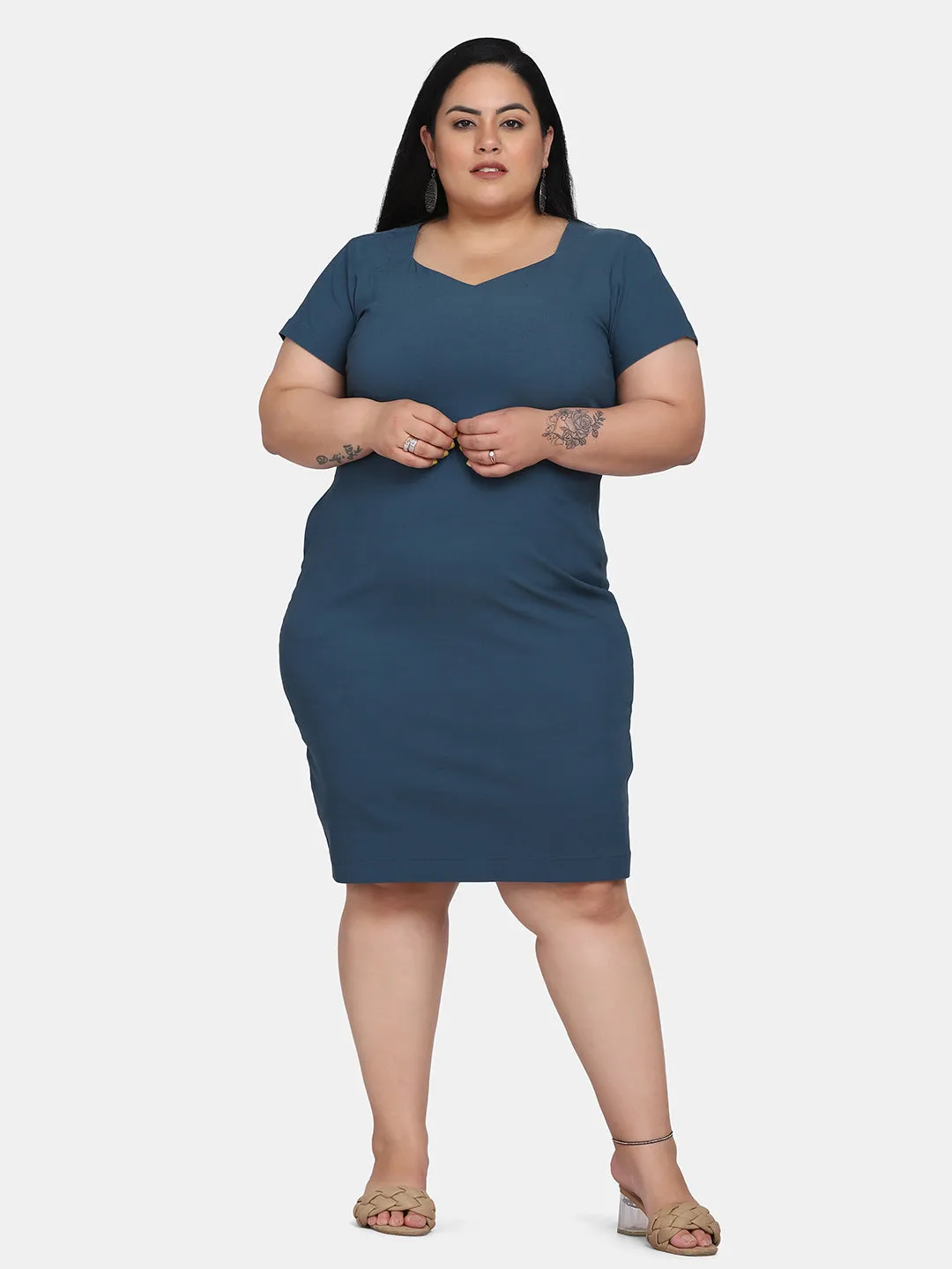 Women's Plus size Solid Colour Stretch Dress - Teal Blue