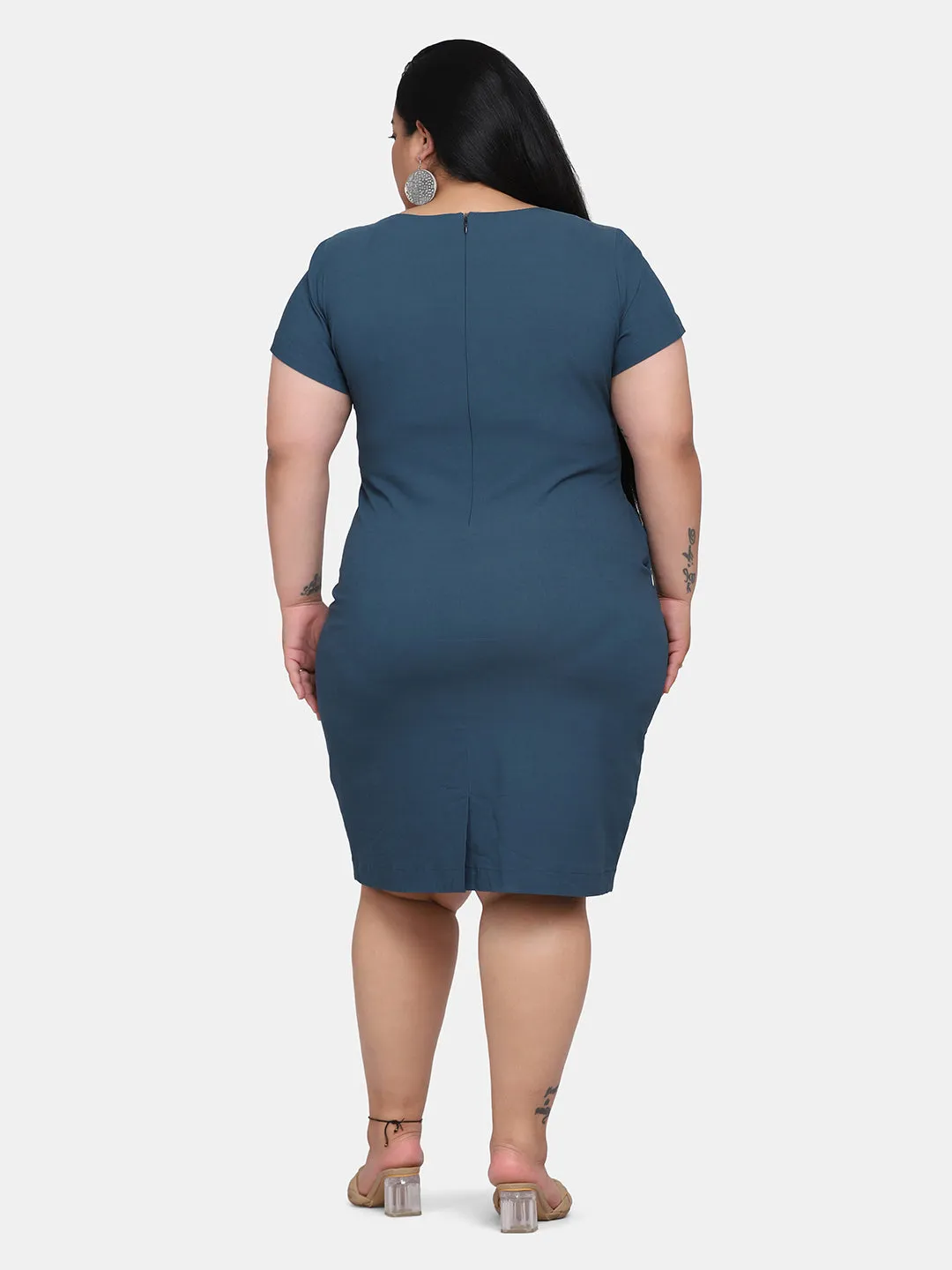 Women's Plus size Solid Colour Stretch Dress - Teal Blue