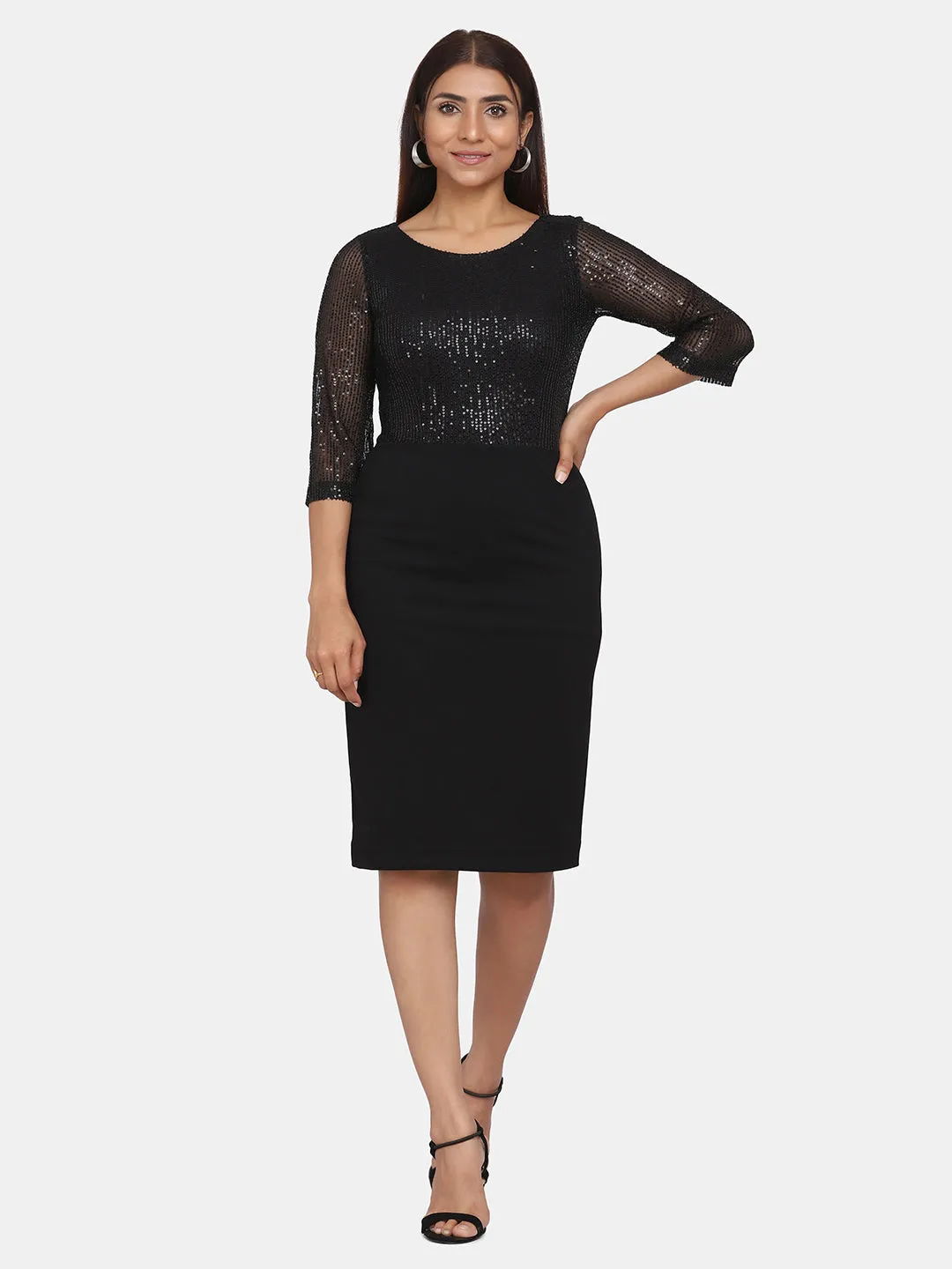 Women's Sequin Stretch Evening Party Dress - Black