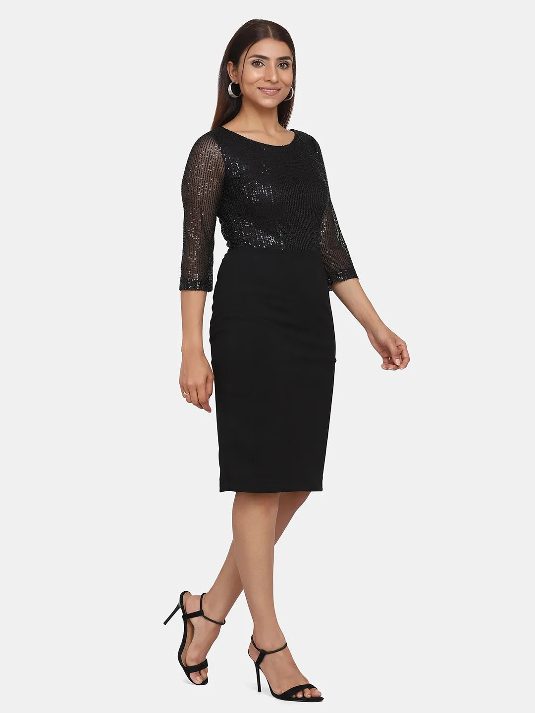 Women's Sequin Stretch Evening Party Dress - Black